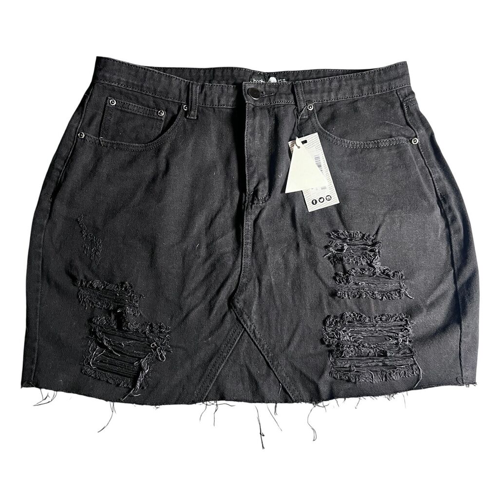 Boohoo Blue Women’s Black Distressed Denim Skirt Size 12 US Raw Hem Mini NWT